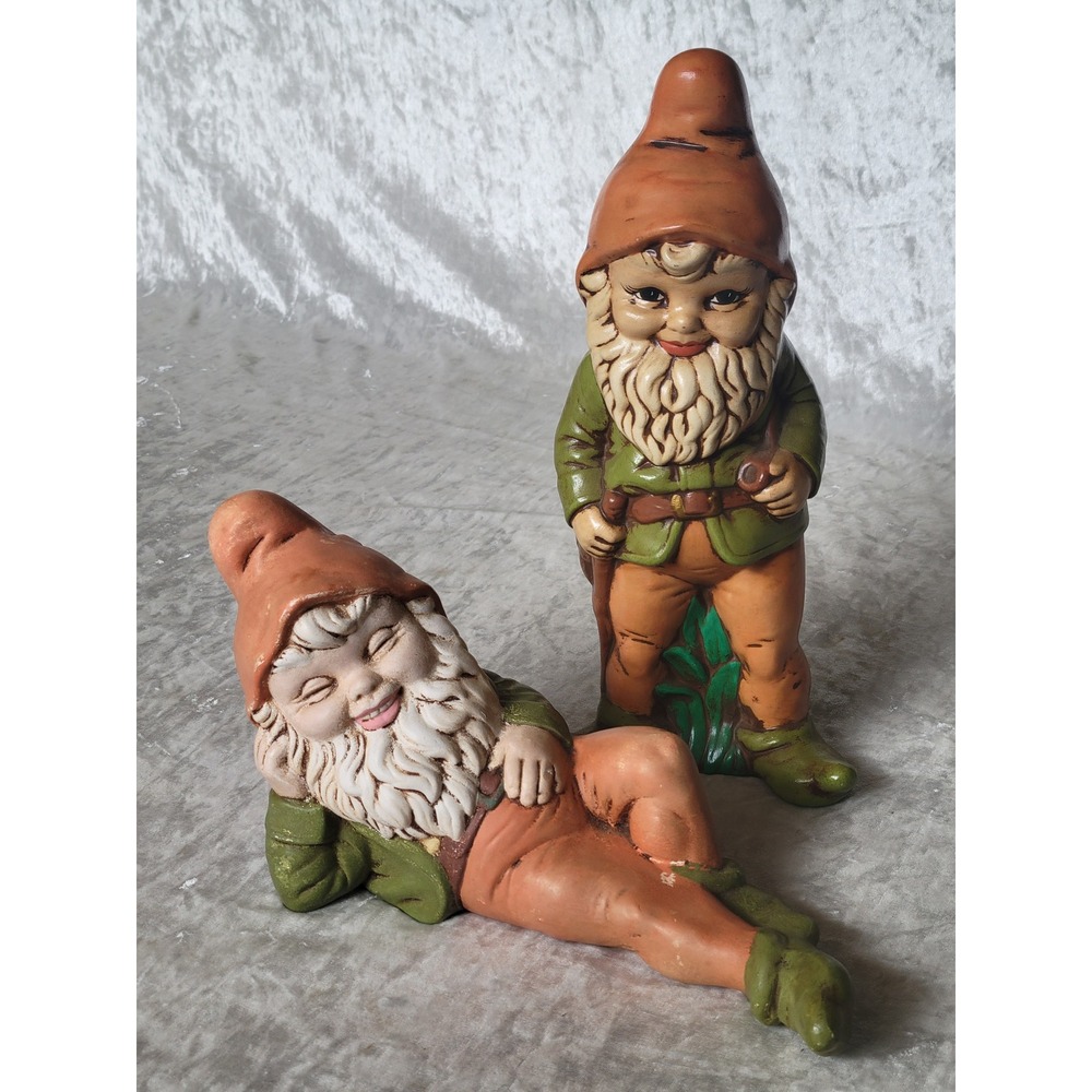 2 Vtg 70s Garden Gnomes Figurines Standing Reclining Retro